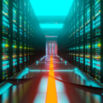 Data center with server racks in a corridor room. 3D render of digital data and cloud technology