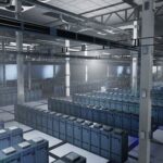 Data facility storing massive datasets used in AI simulations, prediction systems and model inference. High-performance hardware enabling computation at scale, jib down view.